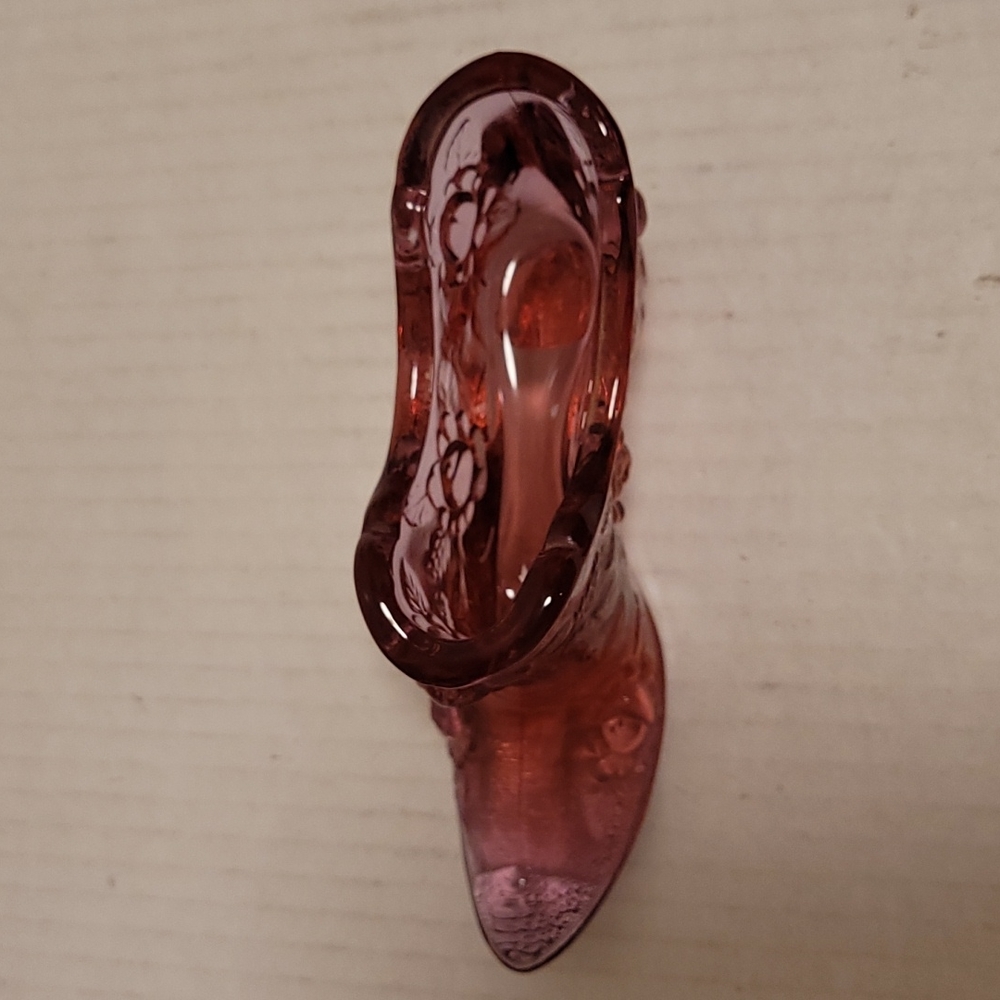 Vintage Fenton Pink Glass Shoe with Embossed Rose Design - Picture 9 of 16